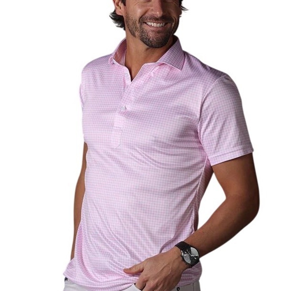 Collars & Co Mens Pink Gingham Firm Dress Collar Polo Shirt Medium NWT